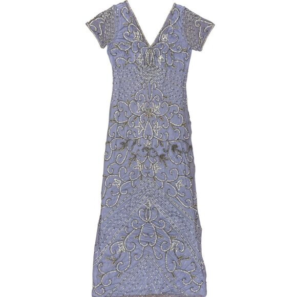 NEW Women's PISARRO NIGHTS Beaded Mesh Midi Cocktail Dress/Gown Violet | Size 8 - Picture 5 of 15